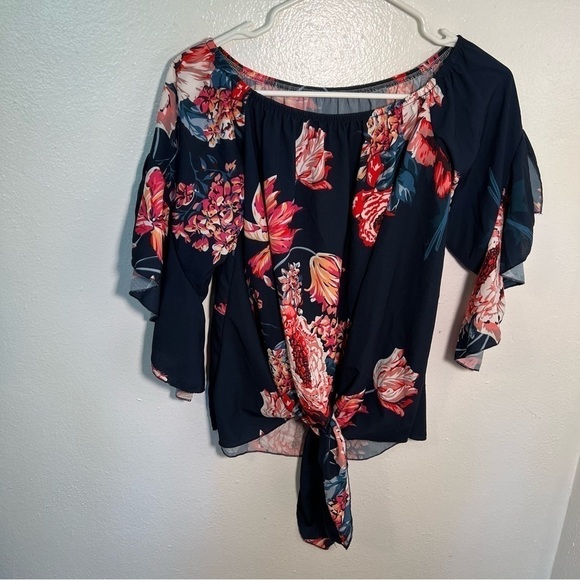 Off Shoulder Blouse Blue Red Floral Tie Front - Picture 5 of 13